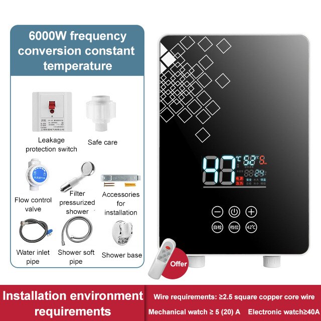 Remote Instantaneous Tankless Electric Water Heater Kitchen Instant Heating Faucet Tap Bathroom Shower Temperature Setting: Black model 1
