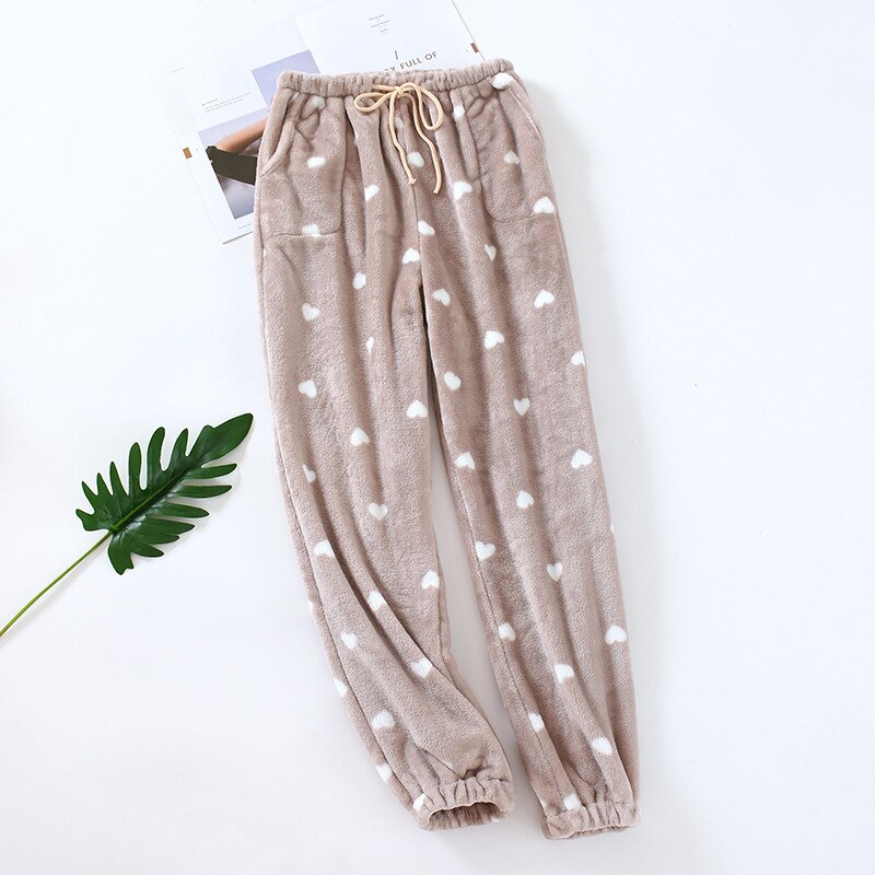 Flannel Pajama Pants Lounge Wear Sleep Bottoms For Woman Autumn Winter Thick Warm Night Pants Sleepwear Pants Ladies Trousers: khaki / L