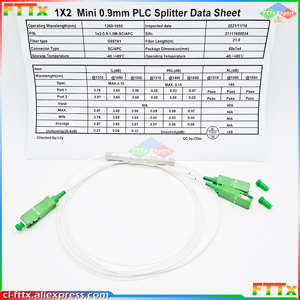 5pcs/lot Fiber Optical PLC Splitter SC 1 : 2 Mini steel tube type 1x2 0.9mm Fiber Opitc Splitter SC/APC Connector