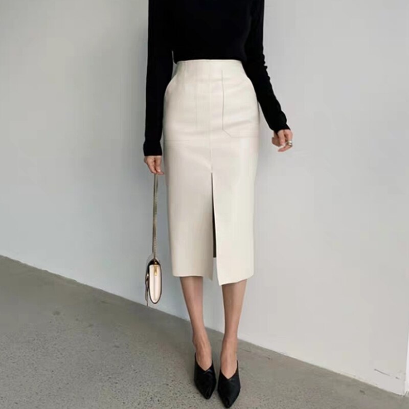 Pu Black Beige Sexy Women Pencil Skirt High Waist Package Hip Female Leather Skirts Midi Hem Split Club Skirt Bottomings