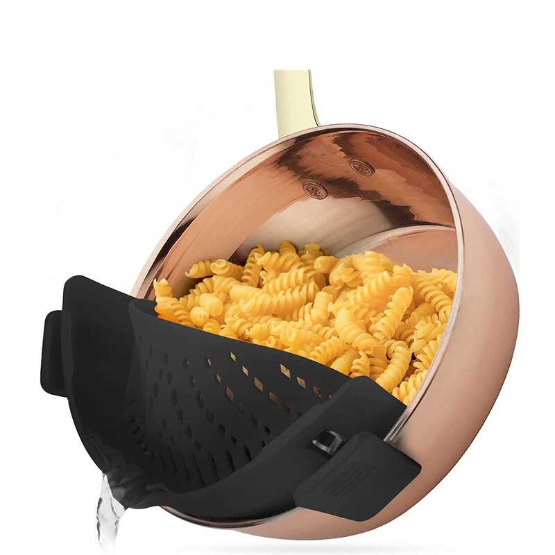 Adjustable Silicone Clip On Strainer Food Grade Heat Resistant Pot Drain Pan Strainer Liquid Drainer Kitchen Colander Strainer: Black