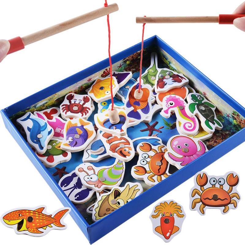32pcs1 Set Vissen boord Houten mini oceaan Krab Vis Puzzel voorschoolse magnetische vissen speelgoed Voor Kinderen speelgoed Outdoor Fun Baby