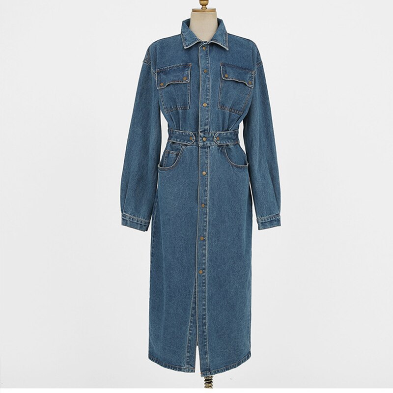 Denim Dress Sleeve Korean.Aelegantmis Vintage Long Denim Dress Women Split K... - Grandado