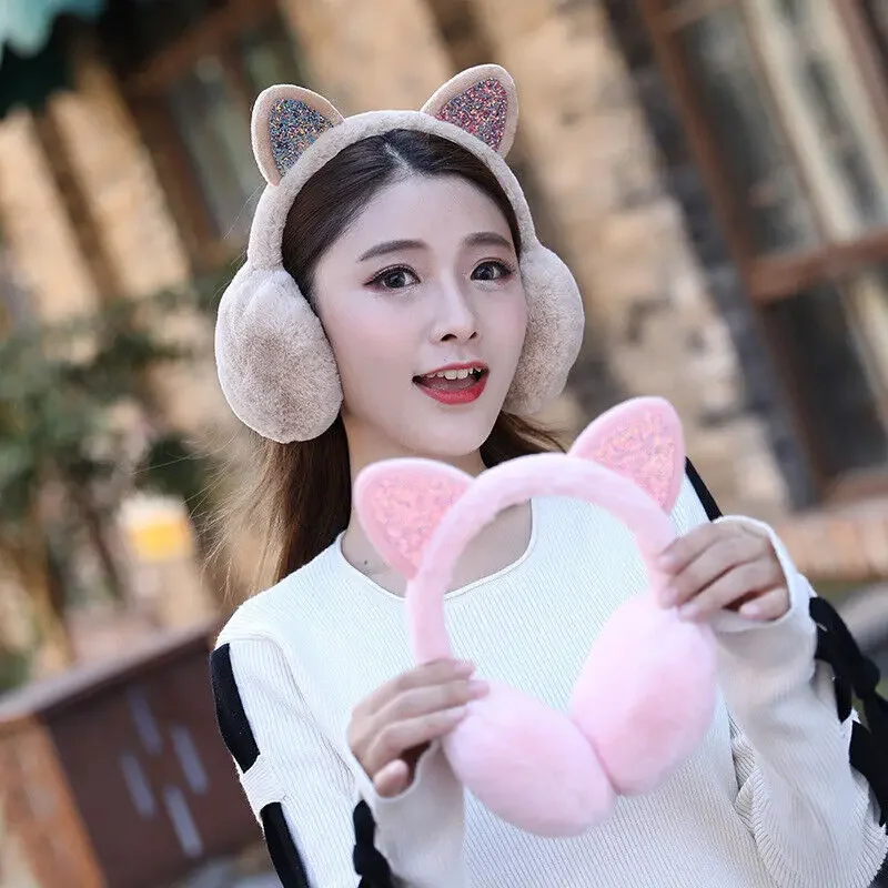 Soft Plush Cute Cat Ear Earmuffs for Women Kids Outdoor Winter Warm Thickened Ear Protector Cold Protection Folding Ear Cover