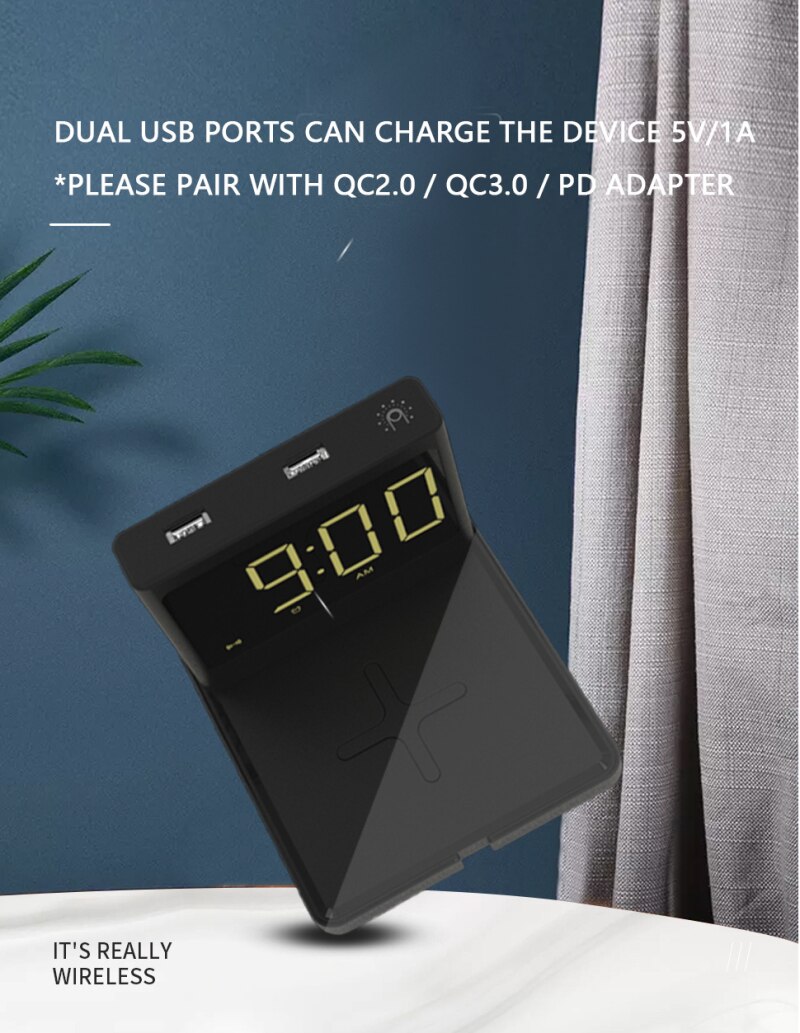 led digital display bedside alarm clock multi 15W mobile phone wireless fast charger Snooze function clocks home decor