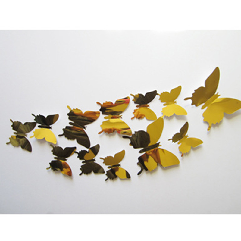 Autocollants muraux 3D ajouré papillon | 12 pièces, accessoires de décoration de maison, miroir décoratif argenté de stéréo: Gris