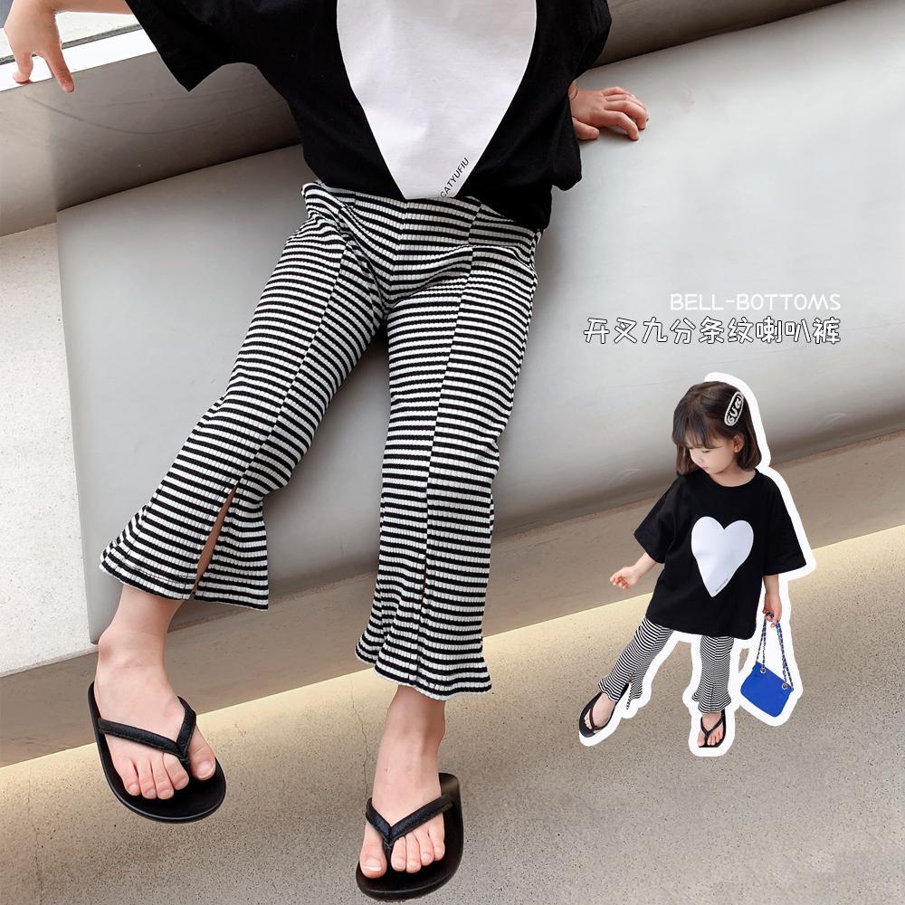Barnbyxor Sommar Koreansk Flicka Baby Sommar Wide-leg Nio-punkts Byxor Randiga Bell Bottom Byxor