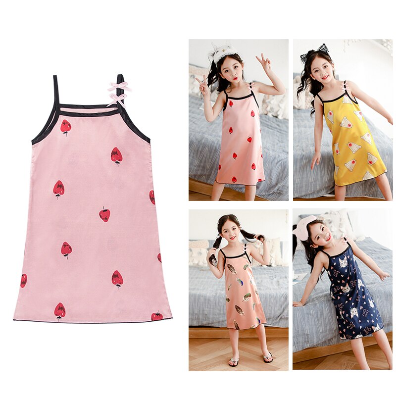 Children Clothing Girl Pajamas Dress Girls Silky Pajamas Sling Dress Nightwear Strawberry Cute Print Pattern Sleepwear Summer