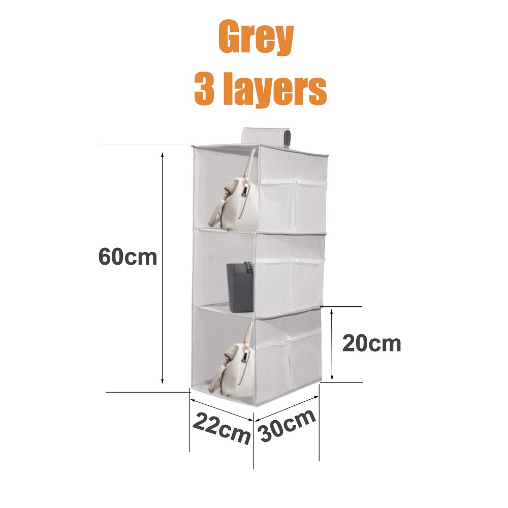 6 Pocket Foldable Hanging Bag 3 Layers Folding Shelf Bag Purse Handbag Organizer Handbag Storage Hanging Door Pocket Closet Hang: Grey 3 layers