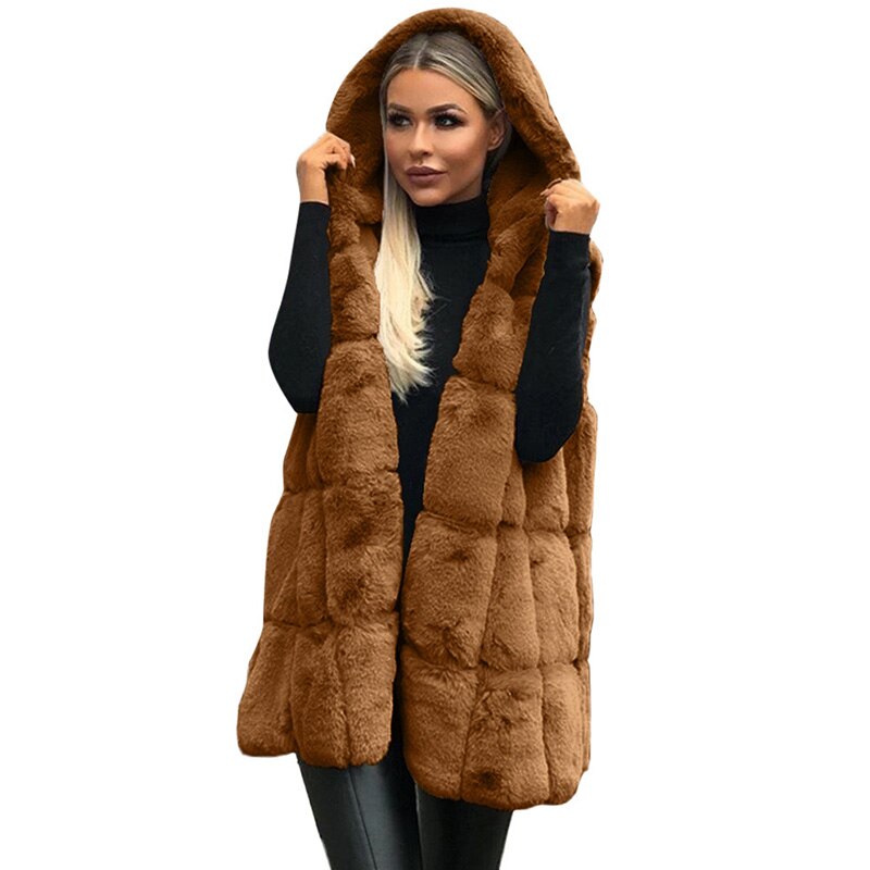 Damen Dicke Warme Mit Kapuze Faux Pelz Weste Herbst Winter Neue Ärmel Outwear Feste Farbe Lange Weste Plus Größe 3XL