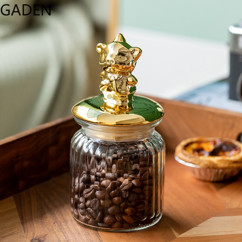 Transparent Glass Storage Jar Golden Ceramic Lid Cute Snack Tea Storage Food Grade Candy Jar Kitchen Storage Supplies