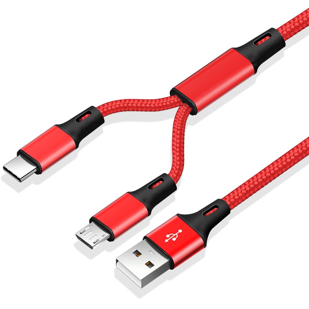 2 w 1 kabel mikro USB dwustronny USB typu C ładowarka nylon mikro kabel USB C ładowania dla powerbank robić telefonu komórkowego kable: czerwony kabel