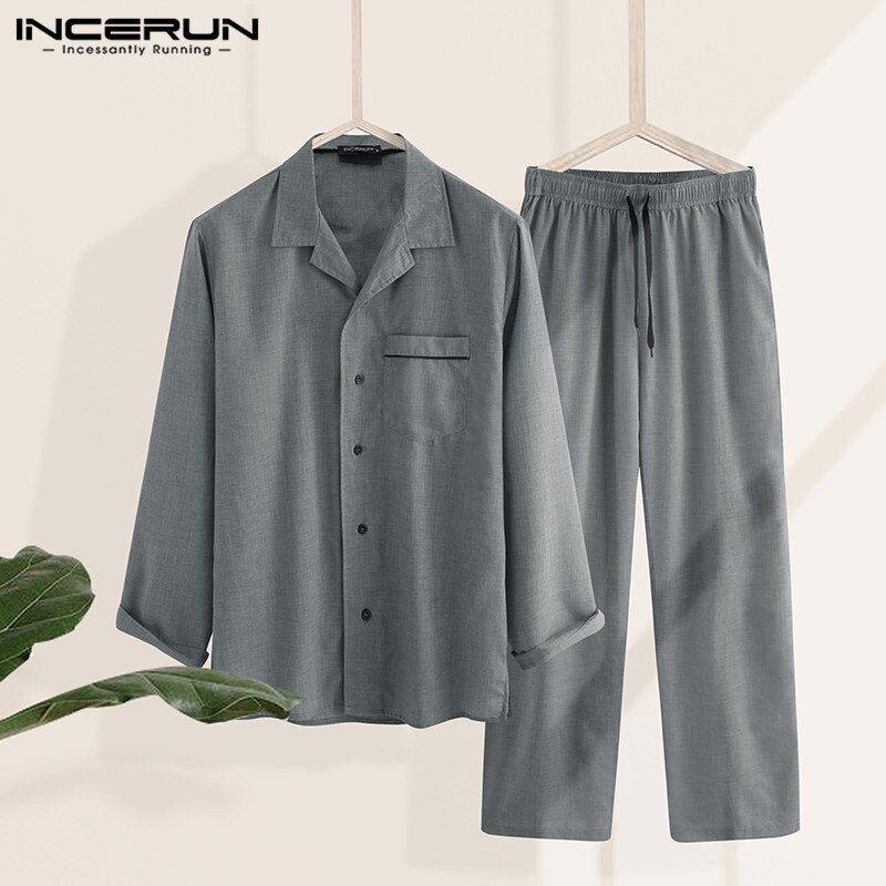 INCERUN Men Solid Color Pajamas Sets Lapel Long Sleeve Homewear Shirt & Pants Loungewear Casual Sleepwear Mens Sets