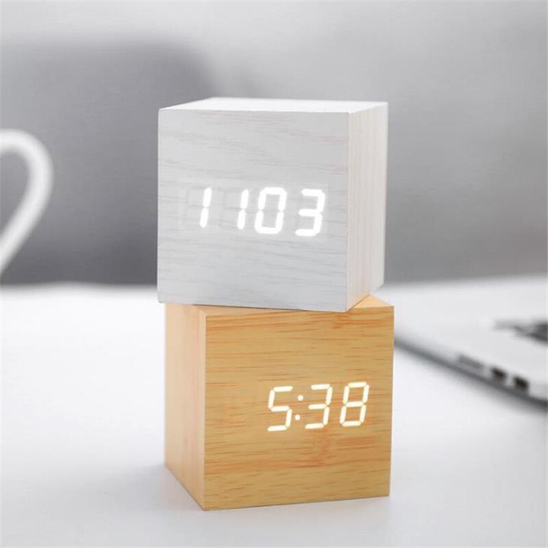 6*6cm Sounds Control Wooden Alarm Clock Modern Wood Digital LED Table Clock Thermometer Date Display Alarm Watch