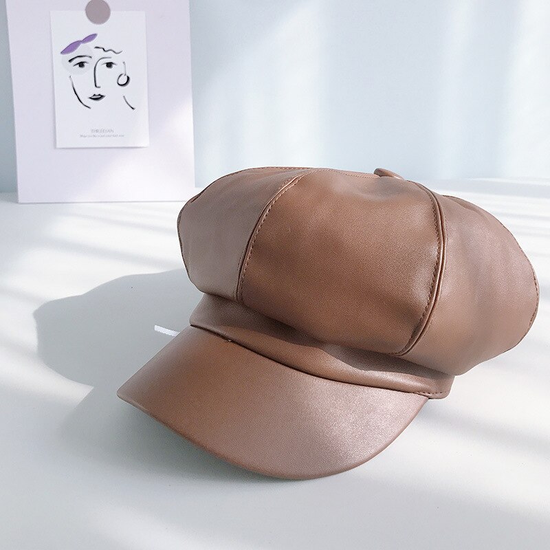 Cuero octogonal cap mujeres invierno otoño cap casual boina Hat niñas artista pintor cap hombre tapa plana: coffee