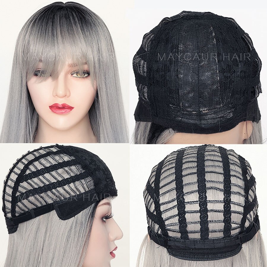 Maycaur Ombre Grey Long Straight Wigs for Women Black Gray Synthetic Hair Wigs with Bangs