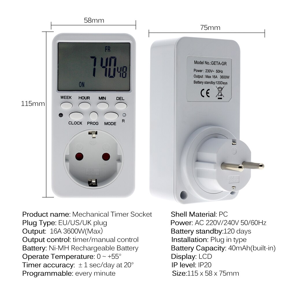 Elektronische digitale tijdschakelaar 220/240v wandladeradapter cyclisch programmeerbaar verlichting dagelijkse tijdsinstelling stopcontact eu/us/uk stekker.