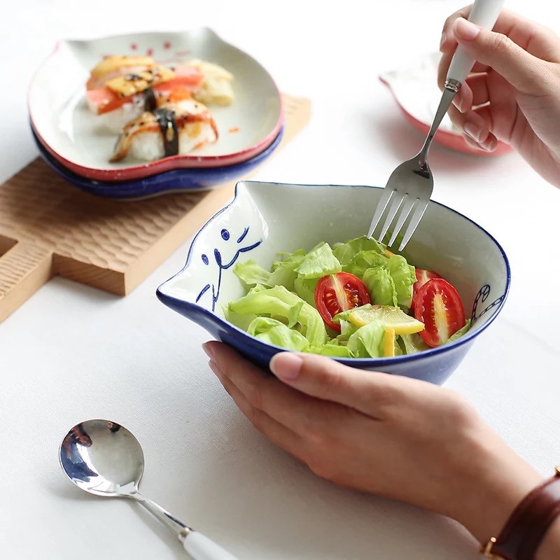 Japansk tecknad söt katt keramik soppskål handmålad porslin ris nudelskål middag dessert biff sallad tallrik servis