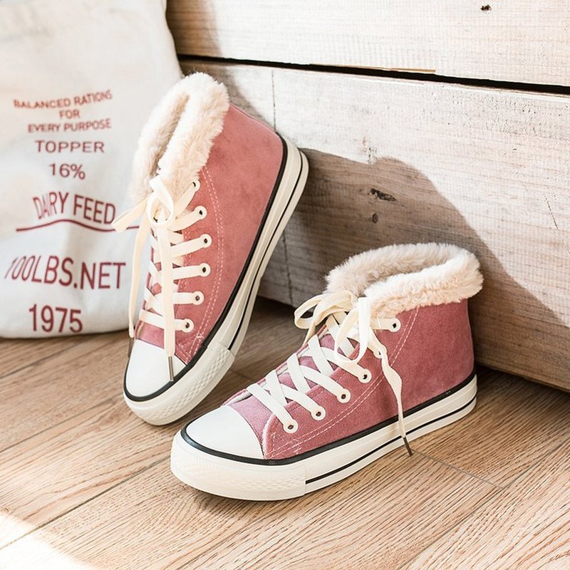 Winterschoenen dames platform sneakers trending dames effen kleur kort pluche zwart roze hoog top sport grote maat