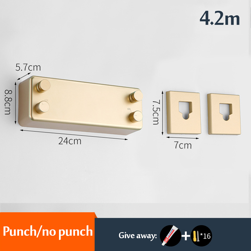 4.2m Wall Mounted Steel Wire Clothes Line Balcony Punch-free Drying Rack Retractable Bathroom Clothe Dryer Storage Racks Acces: Gold