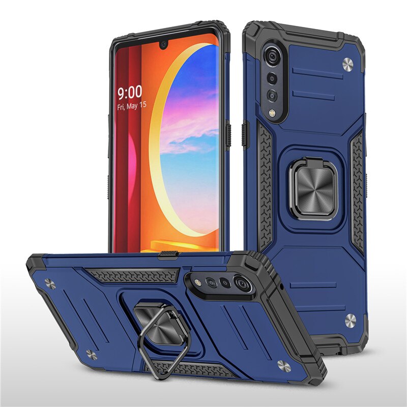 Odporne na wstrząsy etui na LG Velvet 5G 4G luksusowy zderzak pancerna obudowa LG pierścień aksamitny 360 Protect tylna pokrywa dla LG Velvet Stand Fundas: LG Velvet 5G / Blue