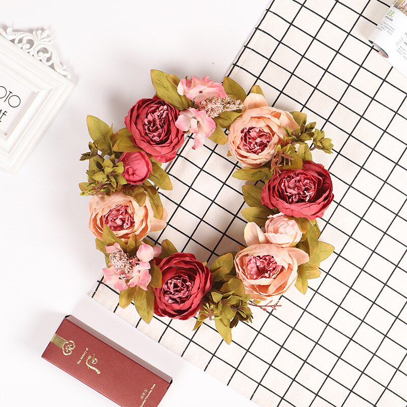 Artificial Flower Wreath Peony Wreath Spring Round Wreath for The Front Door Party Wedding Home Decor Pink Flower Garland Ring: A3