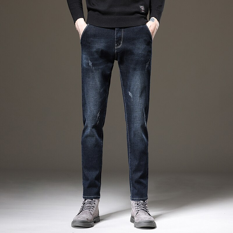Markowe dżinsy dla mężczyzn jesienno-zimowa regularne proste długie spodnie Casual Fashion Mid czarne dżinsy Hommes Jeans Man Big Size 36 38: Blue black / 28