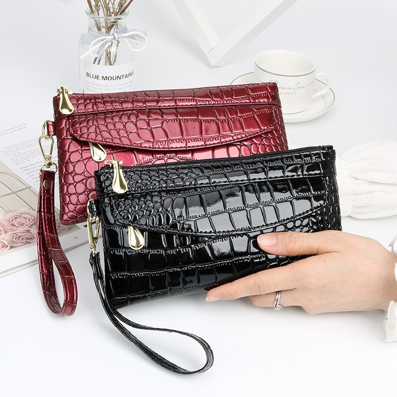 Damen-geldbörsen aus lackleder, lange damen-geldbörse mit doppeltem reißverschluss, clutch-tasche, rote handtasche, krokodilleder-geldbörsen
