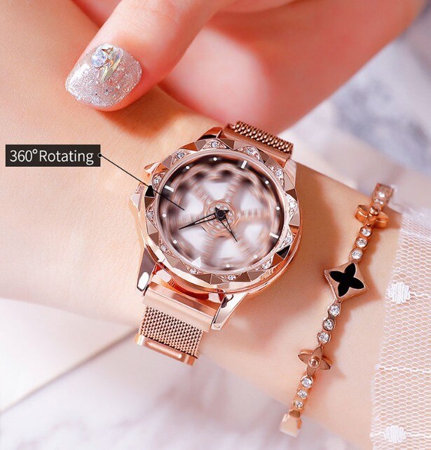 Horloge dames merk luxe 360 graden roterende diamant wijzerplaat horloges mesh magneet dameshorloge quartz klok relogio femino