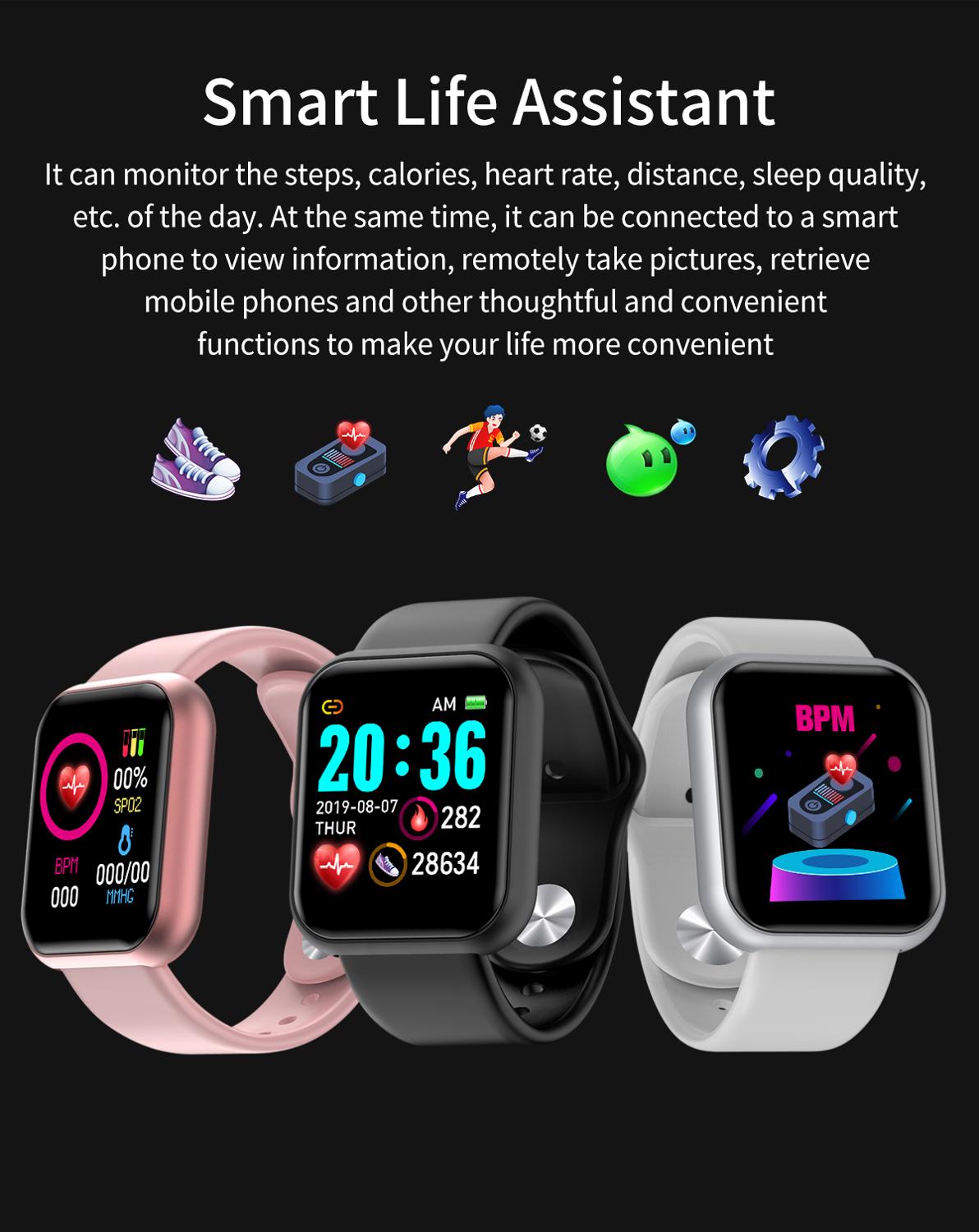 Y68 blåt vandtæt digitale smarte ure mænd kvinder børn smart armbåndsur hr / bp rate smartwatch fitness tracker pk  d20
