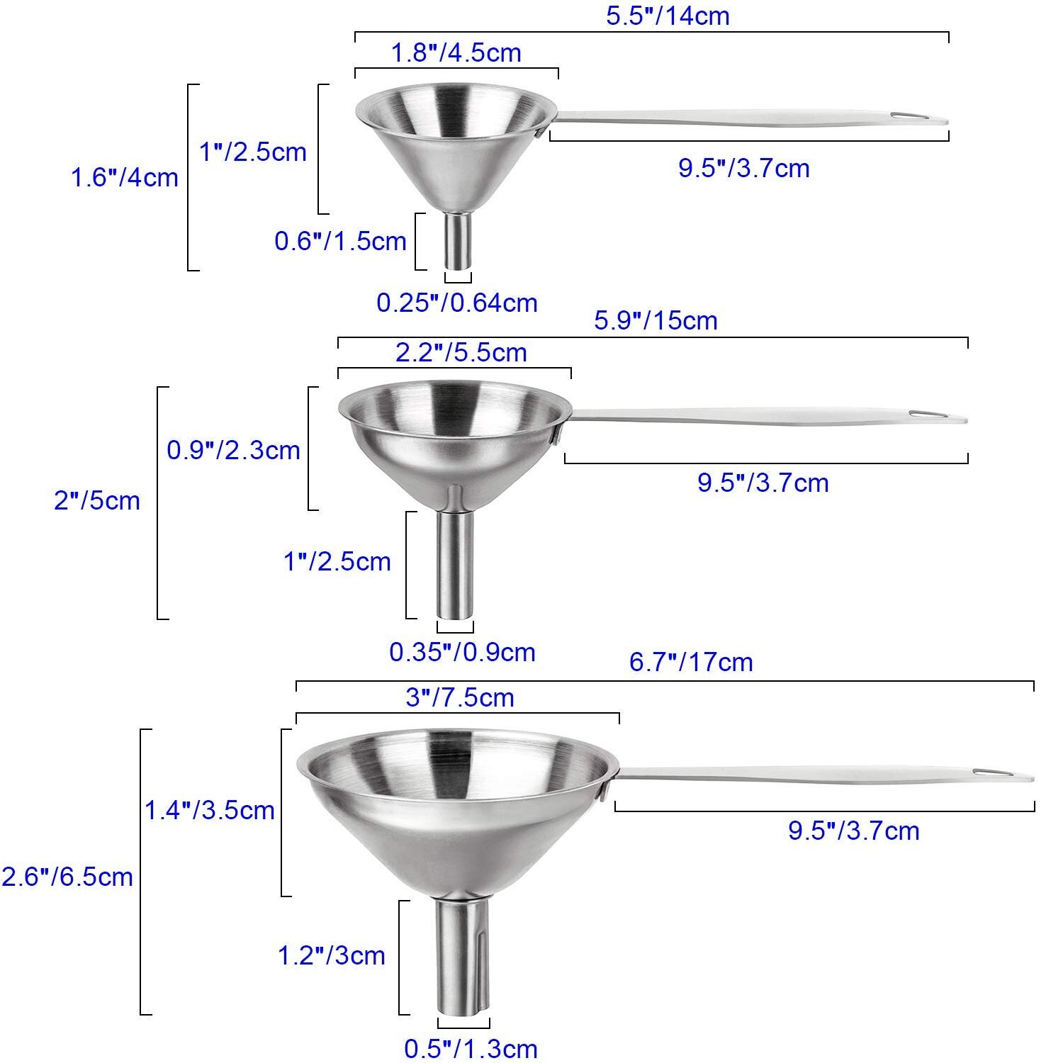 Stainless Steel Funnels For Kitchen With Handles Dry Ingredients & Powder, Durable And Dishwasher Safe-Set Of 6