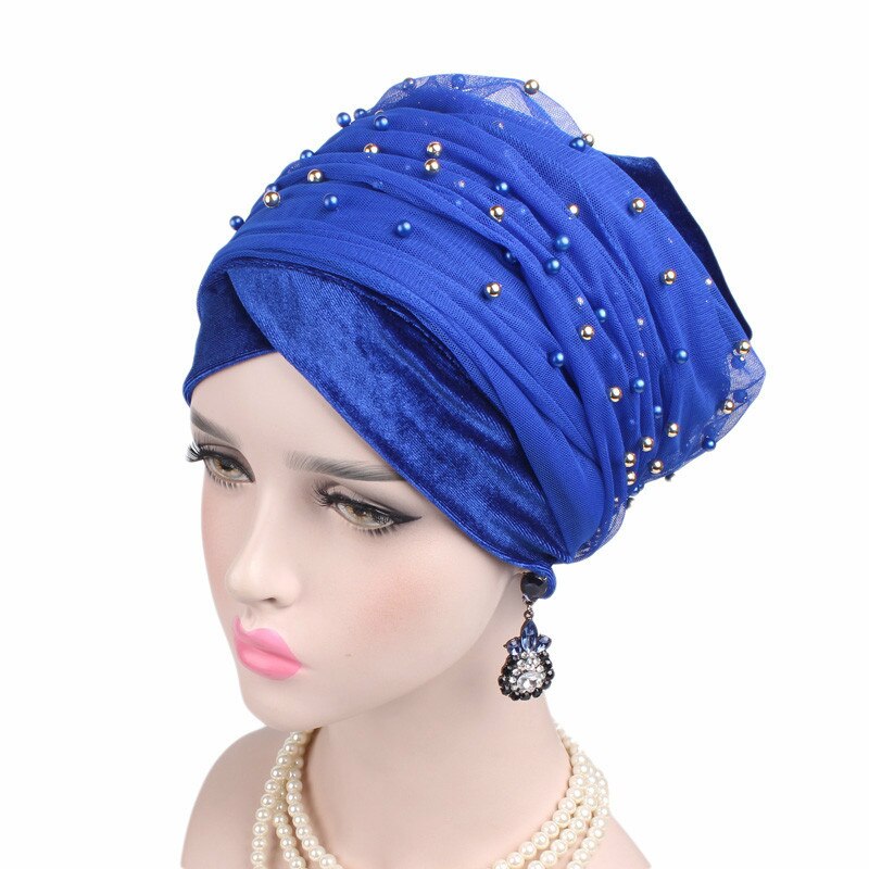 Neue Frauen Perlen Schal Hütte Muslimische Frauen Hijabs Turban Hüte Indische Kappen wickeln Kappe Lange Kopf Schal Kopftuch Hüte Haar zubehör: Stil246-1