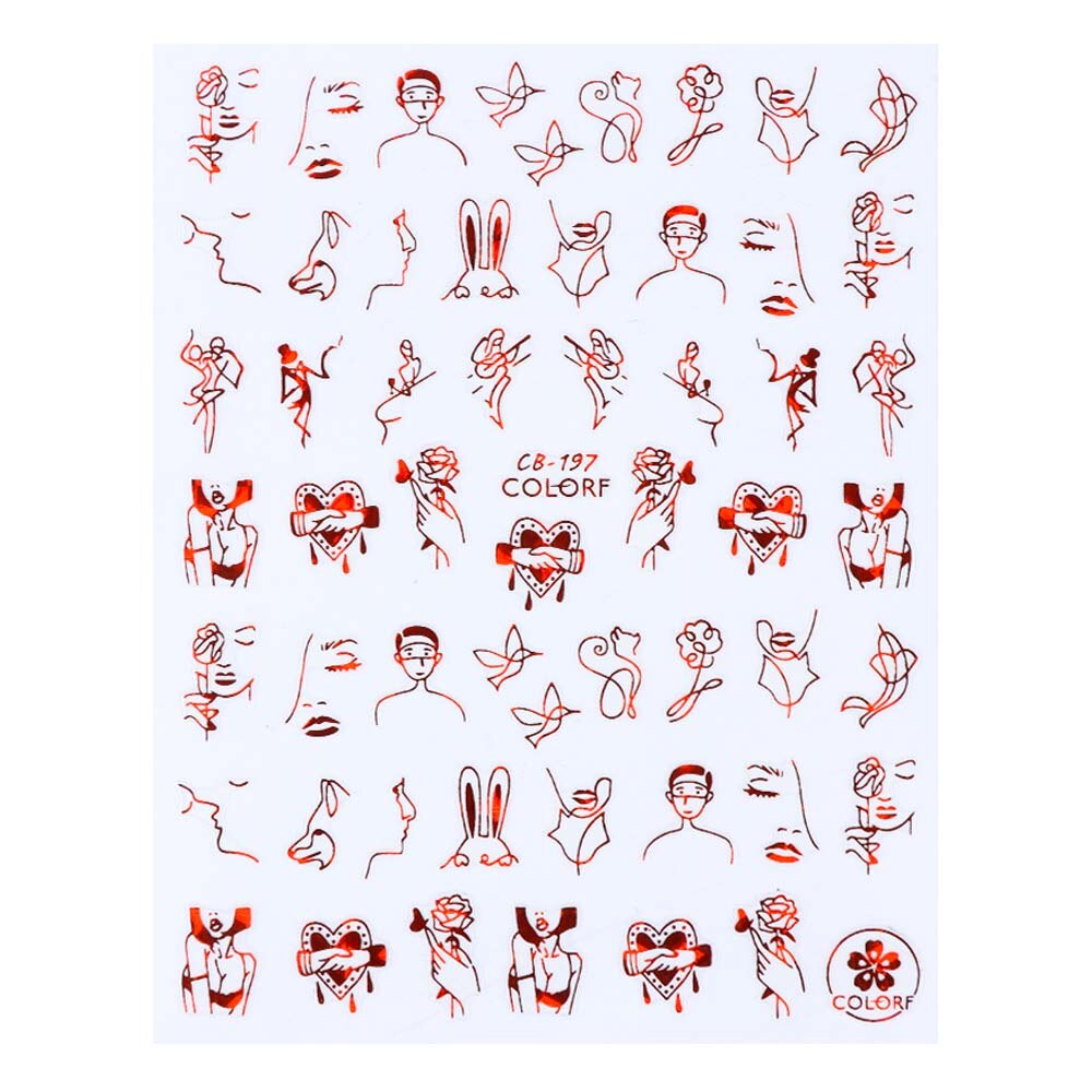 Pegatina romántica 3D en 3D para uñas, calcomanía con imágenes abstractas de rosas y corazones, deslizador de uñas Sexy para chica, decoración artística para uñas, LACB196-203-1, 1 Uds.: CB197 Red