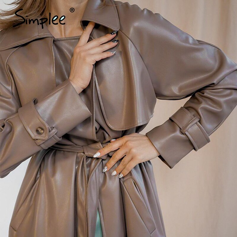 Simple streetwear pu læder trenchcoats damer brun efterår vinter sashes lang frakke hakket kontor damer lomme outwear