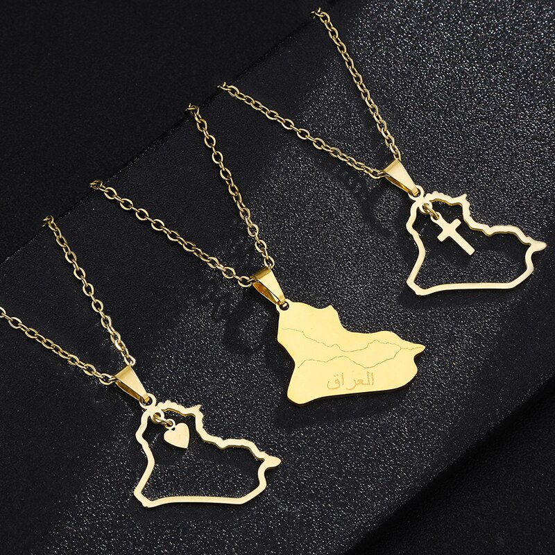 Stainless Steel Heart/Cross Republic Of Iraq Map Pendant Necklace Gold/Steel Color Iraqi Men Women Ethnic Jewelry