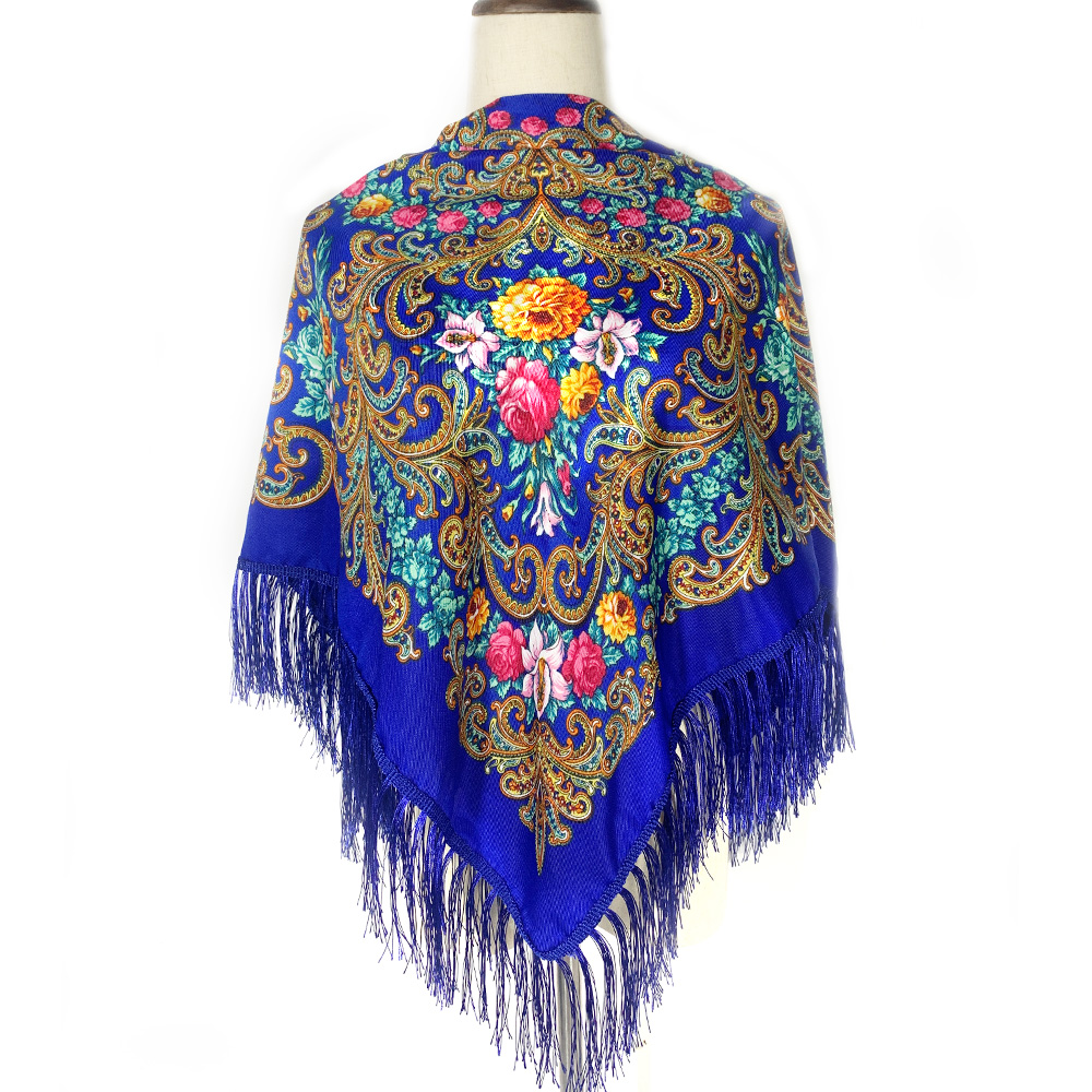 Bufanda rusa de 115x115cm para mujer, Bandana cuadrada con estampado Floral de lujo, chal con flecos ucranianos, pañuelo Babushka, envolturas para la cabeza: royal blue
