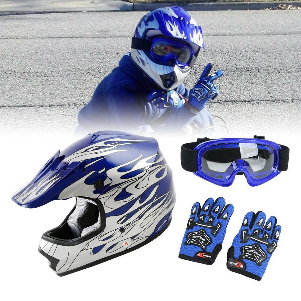 Dot Jeugd Kids Veiligheid Helm Blauwe Vlam Dirt Bike Atv Mx Motocross Helm Bril + Handschoenen Bescherming Helm S M L Xl