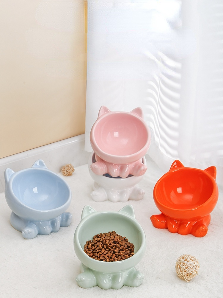 Cat Bowl Integrated Ceramic Diagonal High Feet Cute Protection Cervical Spine Dog Bowl Drinking Cat Bowl Against Black Chin