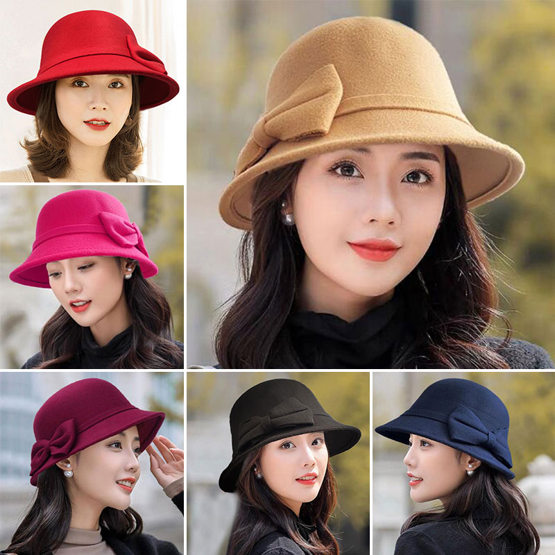 I cappelli da donna coreani di millkeychain si scaldano in autunno e in inverno cappello da ciotola in lana a cupola per tutte le partite Bowknot alla moda ed elegante