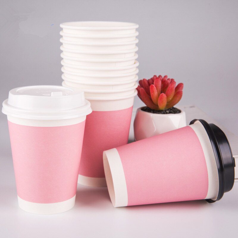 50pcs Pink thicken disposable coffee cup party wedding birthday favor drink paper cup cute takeaway packaging cups with lid