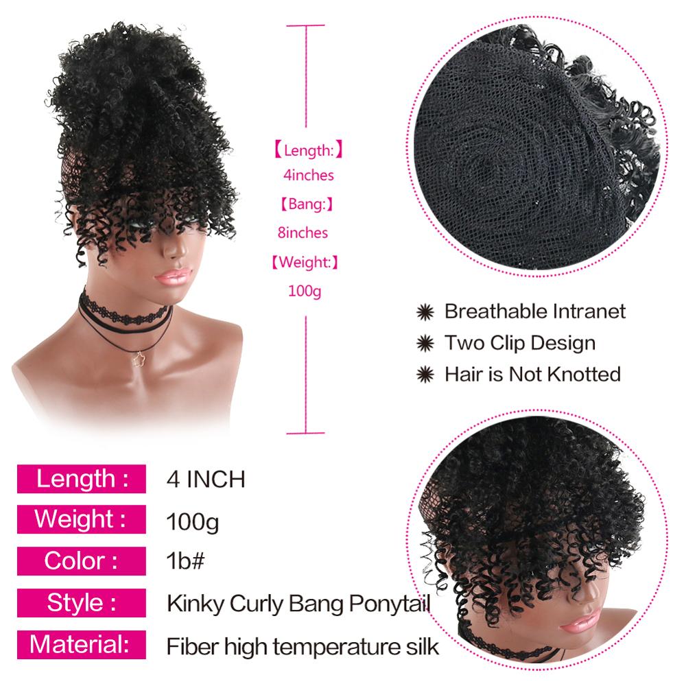 Hestehale puffeklip med højt hår i hårstykke afro kinky krøllet syntetisk snørehestehale med pandehår extensions