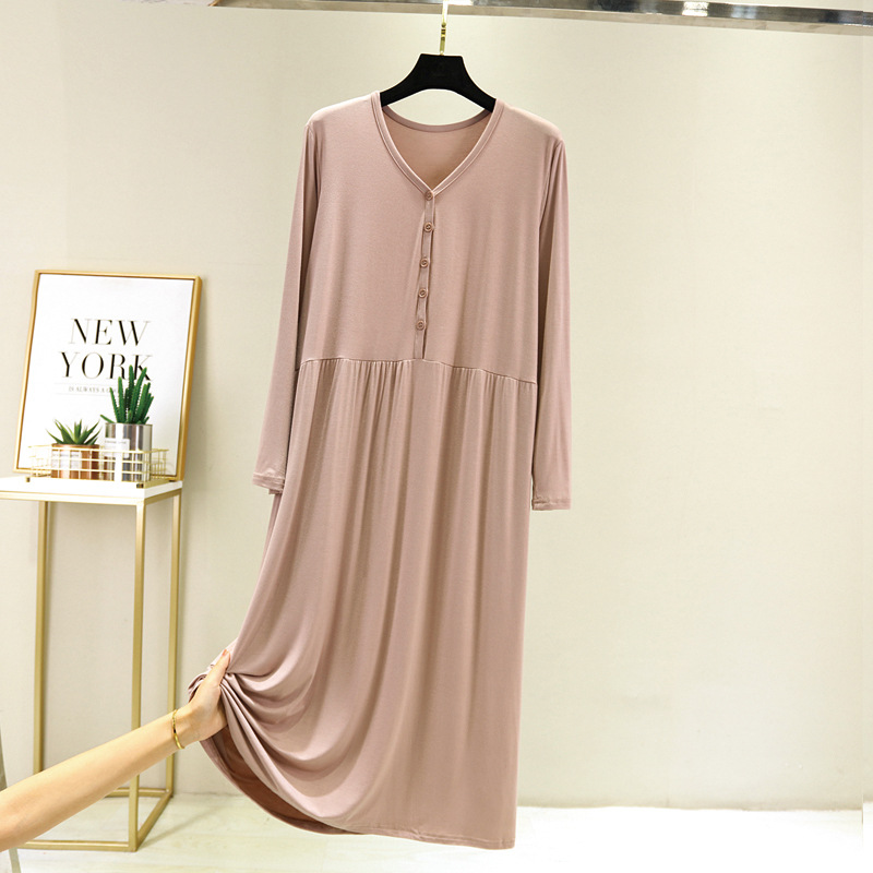 Large early autumn long sleeve button modal cotton loose home dress: Khaki