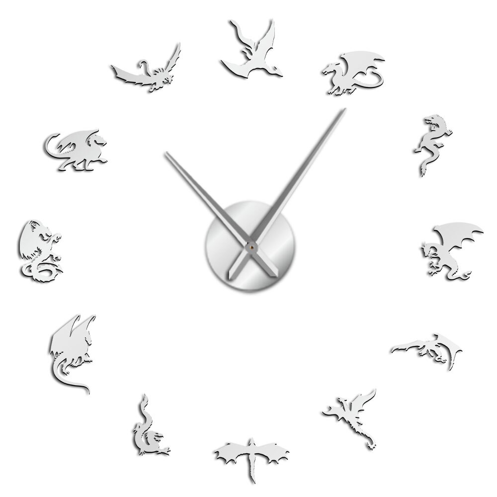 Black Evil Dragon Mirror Sticker DIY Large Wall Clock Medieval Mythical Dragon Silent Giant Watch Fiction Fantasy Wall Decor: Silver / 47 Inch