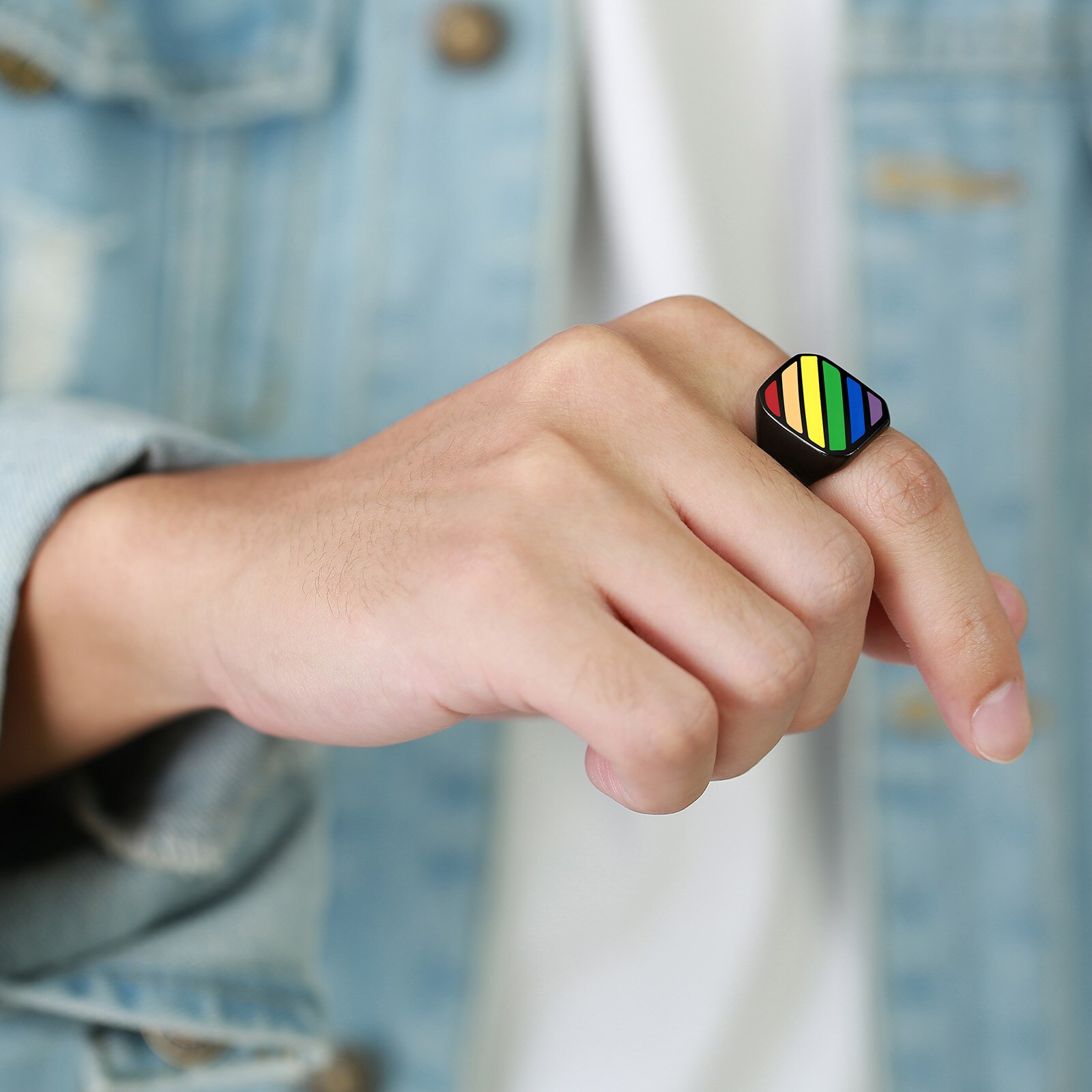 Stainless Steel Rainbow Ring Men Promise Jewelry Lesbian Gay Pride LGBT