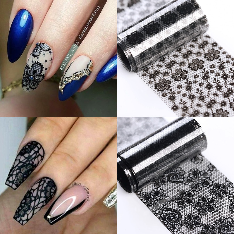 1 Roll Zwart Chic Lace Nail Folies Bloem Serie Nail Stickers Diy Transfer Decals Sticker Nail Art Papers Tips Decoratie