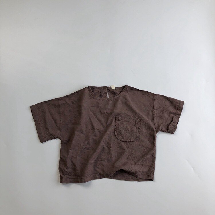 Chemise pour enfants été coréen lin coton rétro Mori chemise garçons et filles col rond chemise: Marron / 3T