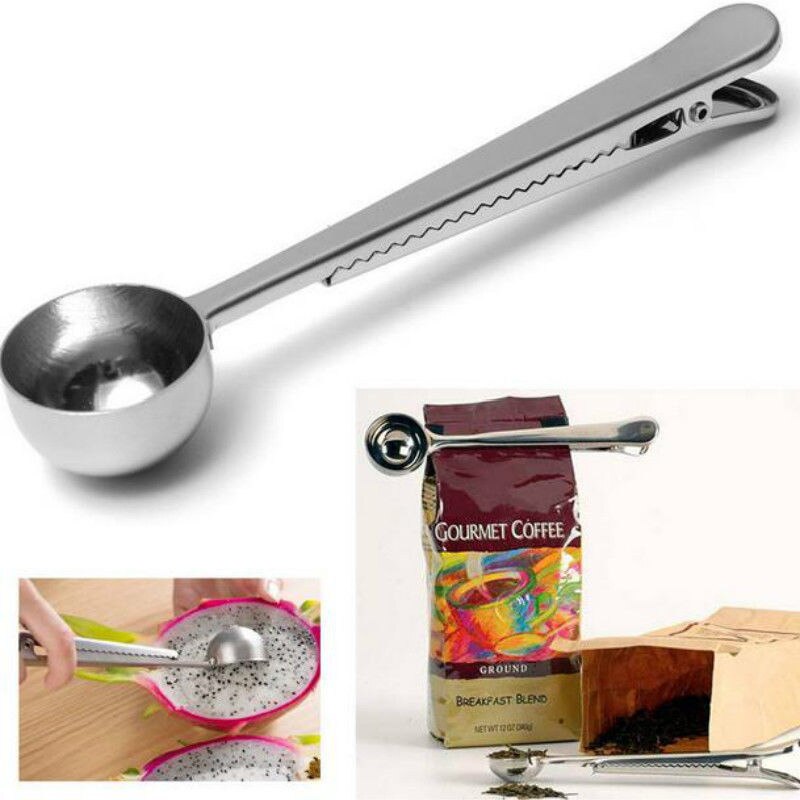 1pc cucharas medidoras multifunción útiles de acero inoxidable para té molido, café y azúcar, cuchara para 1 taza de café molido con clip para sellar bolsas.