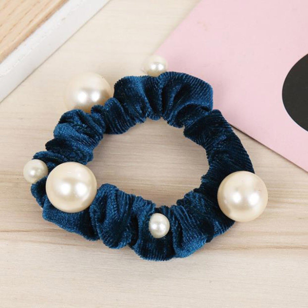 1PC Parels Velvet Hair Scrunchies Haar Touw voor Vrouwen Meisjes Paardenstaart Houder Elastische Haar Elastiekjes Hoofddeksels Haar Accessoires: Blue