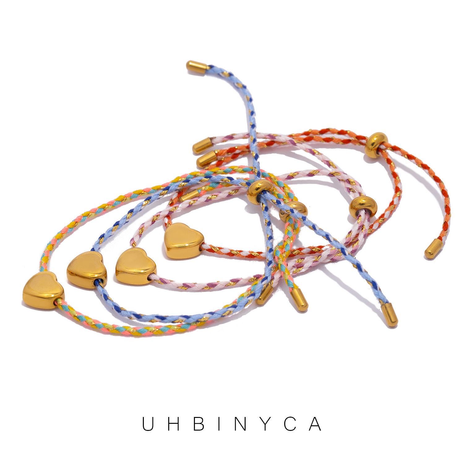 Pulsera de cuerda tejida colorida: dije en forma de corazón de acero inoxidable pulido chapado en oro de 18 quilates, joyería diaria minimalista para niñas