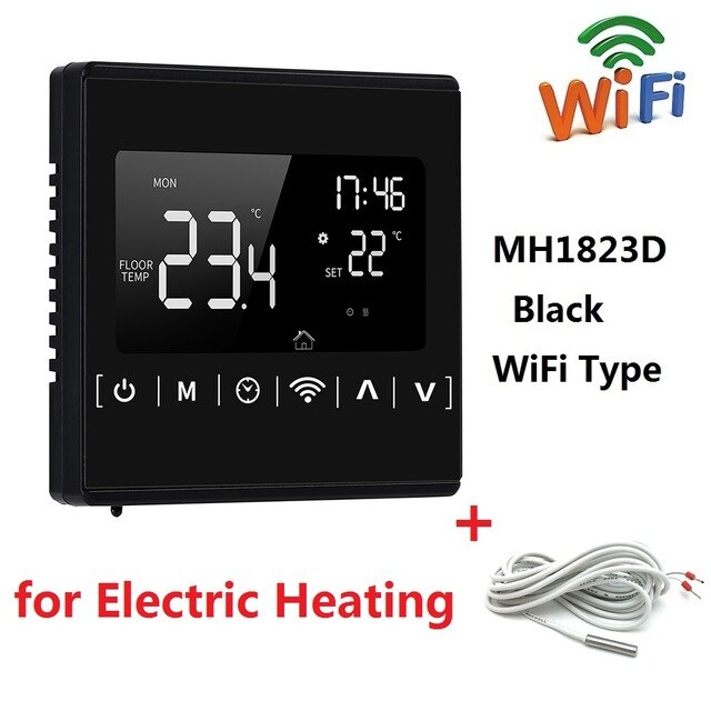 110V 120V 220V Programmable Temperature Controller Warm Floor WiFi Thermostat with Sensor: MH1823D WiFi Black